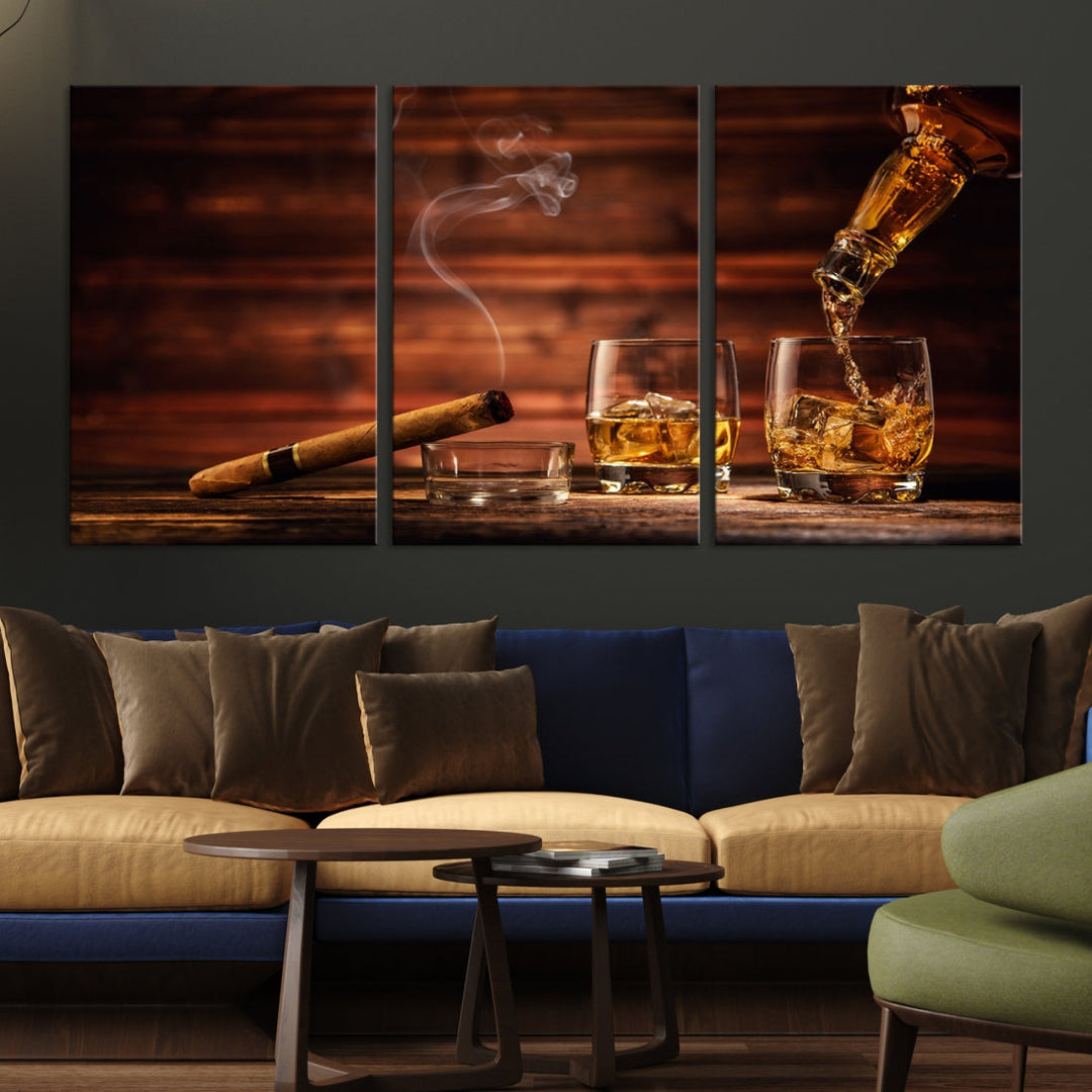 Whiskey Wall Art Canvas Print Home Decor Whiskey Cuban Cigar Bourbon Art Print