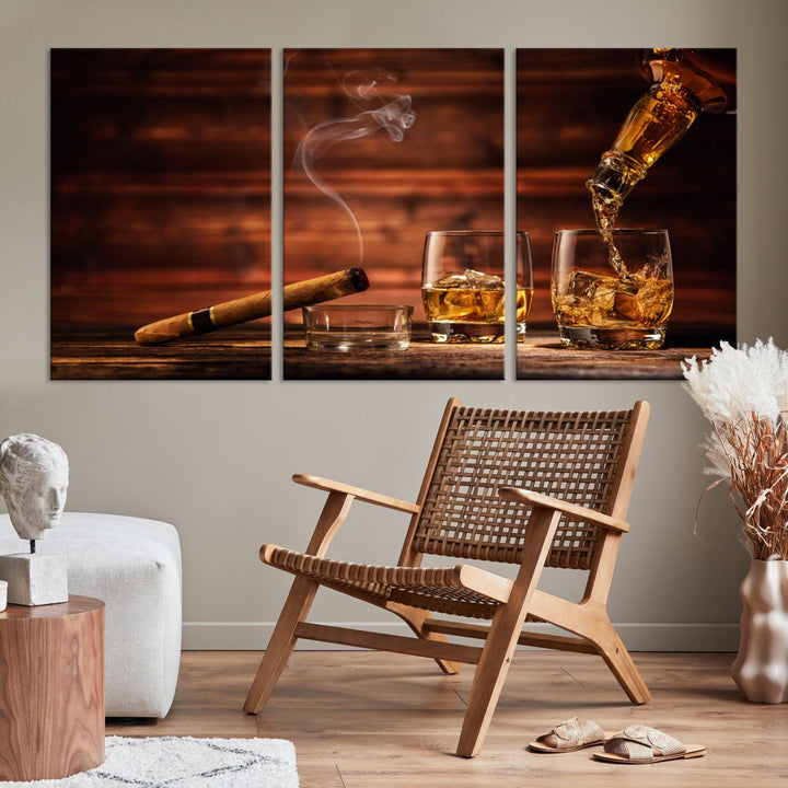 Whiskey Wall Art Canvas Print Home Decor Whiskey Cuban Cigar Bourbon Art Print