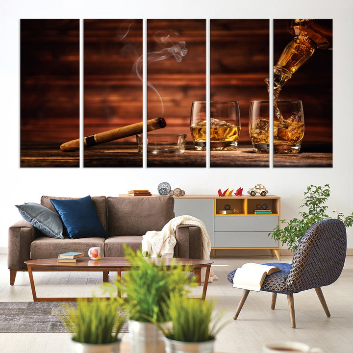 Whiskey Wall Art Canvas Print Home Decor Whiskey Cuban Cigar Bourbon Art Print