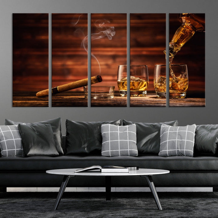 Whiskey Wall Art Canvas Print Home Decor Whiskey Cuban Cigar Bourbon Art Print