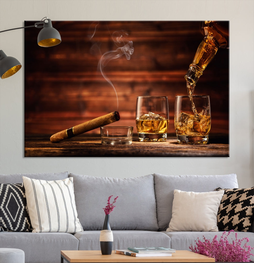 Whiskey Wall Art Canvas Print Home Decor Whiskey Cuban Cigar Bourbon Art Print