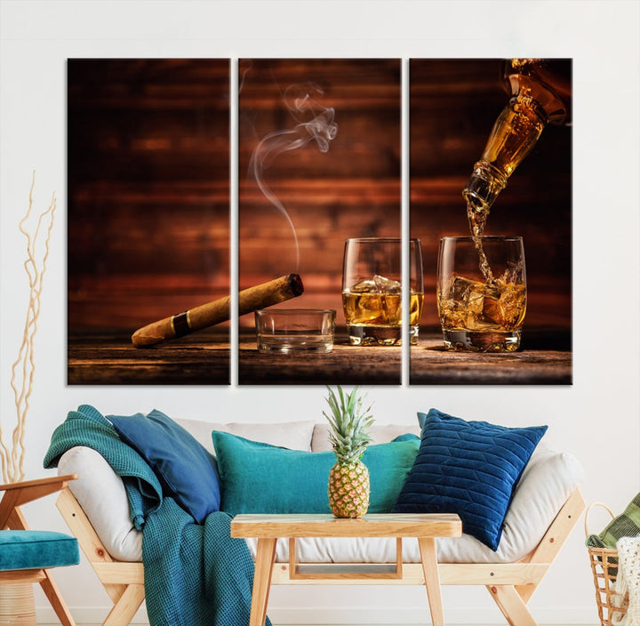 Whiskey Wall Art Canvas Print Home Decor Whiskey Cuban Cigar Bourbon Art Print