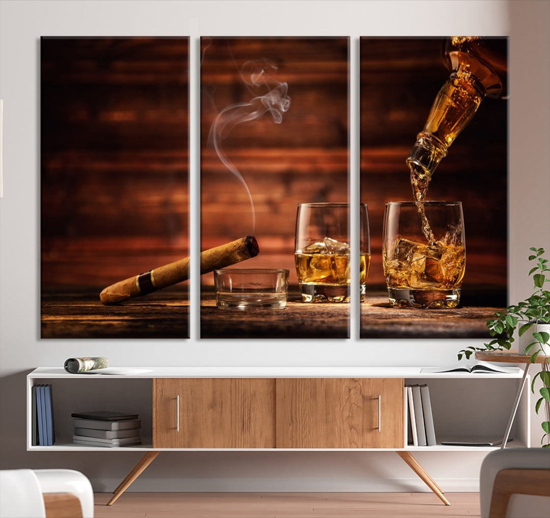 Whiskey Wall Art Canvas Print Home Decor Whiskey Cuban Cigar Bourbon Art Print