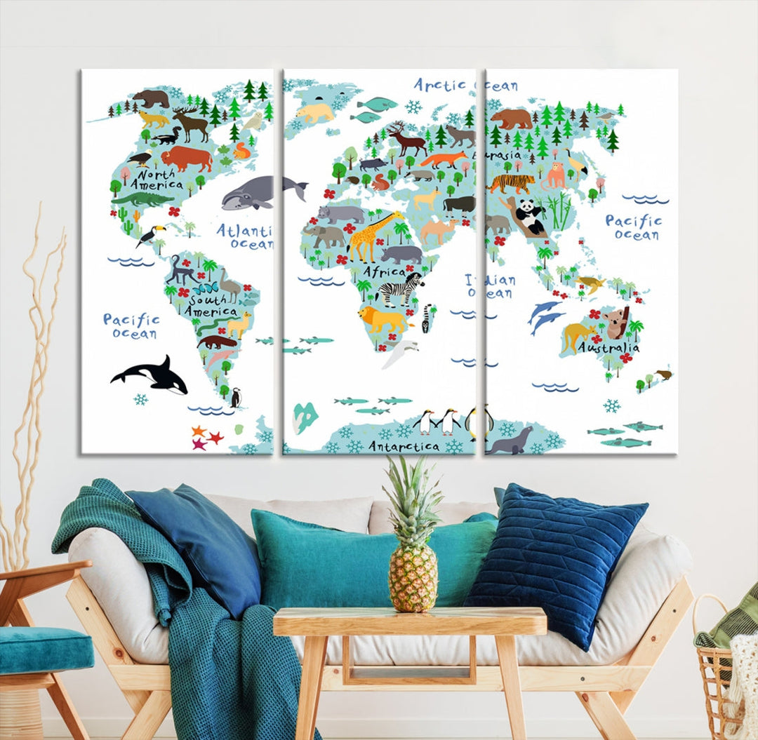 White and Blue Animal World Map For Kids Room Decoration Canvas Wall Art Print