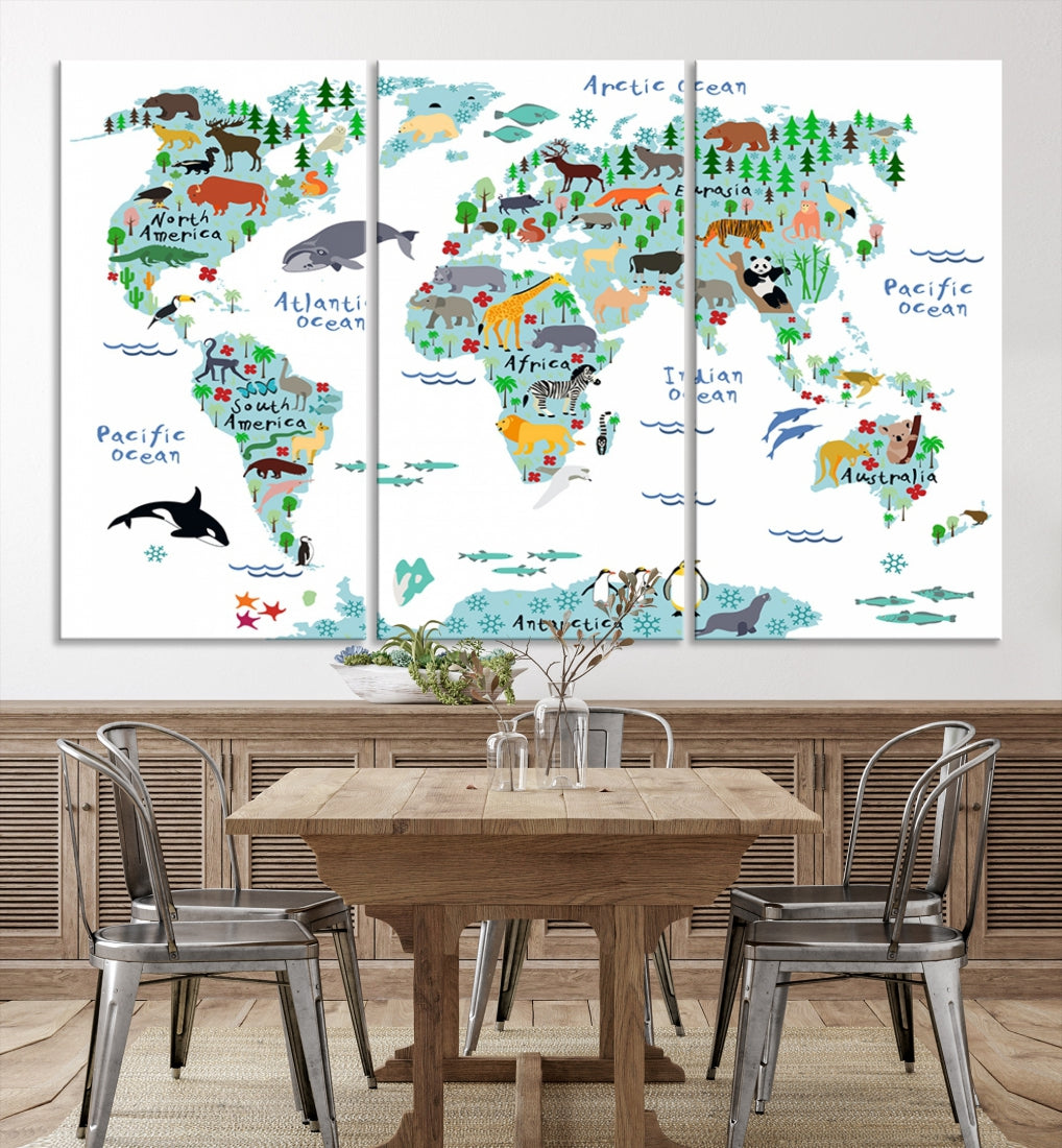 White and Blue Animal World Map For Kids Room Decoration Canvas Wall Art Print