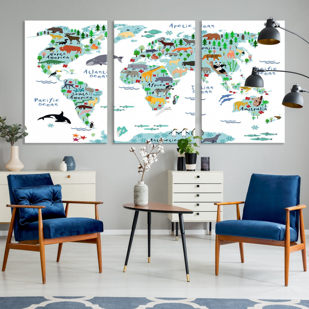 White and Blue Animal World Map For Kids Room Decoration Canvas Wall Art Print