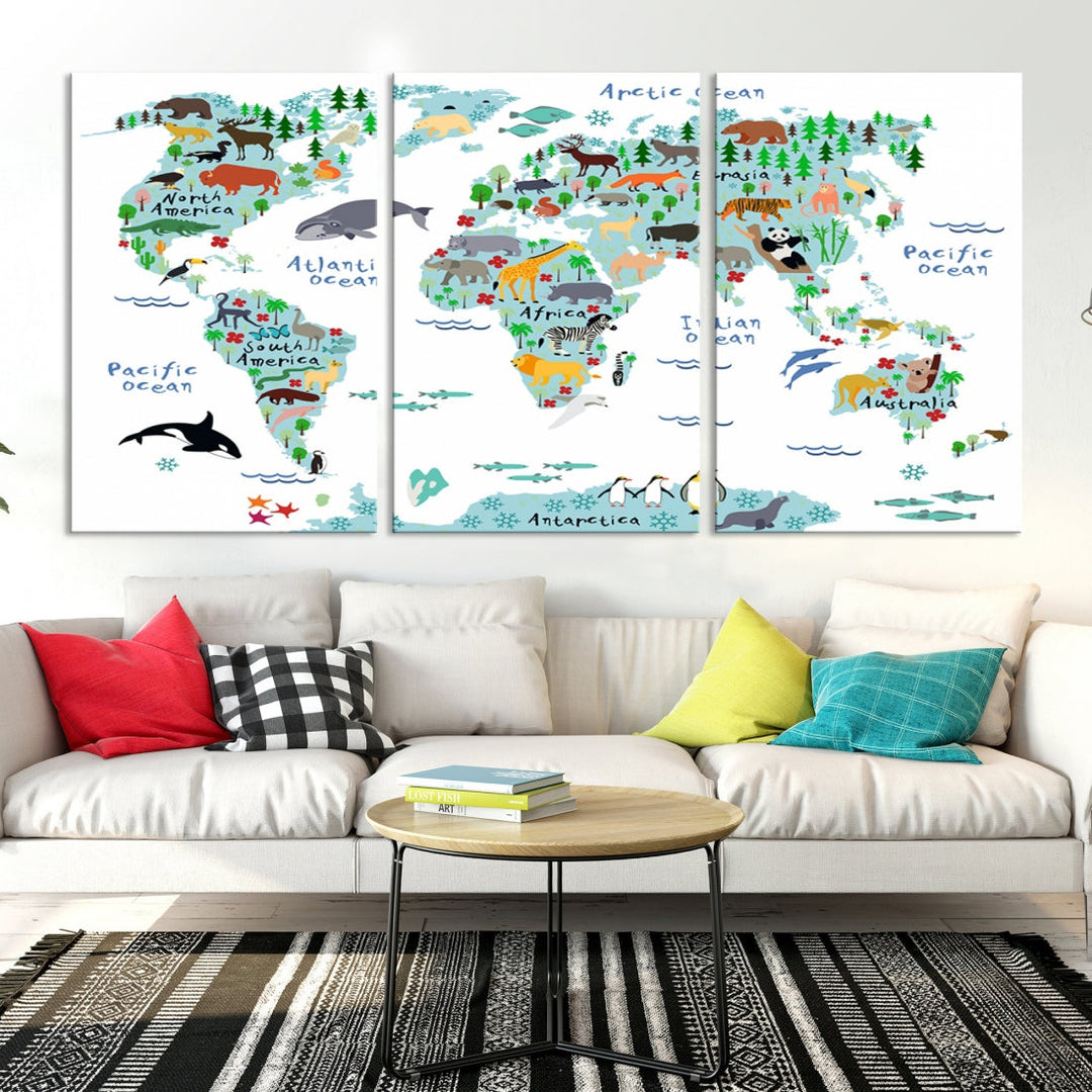 White and Blue Animal World Map For Kids Room Decoration Canvas Wall Art Print