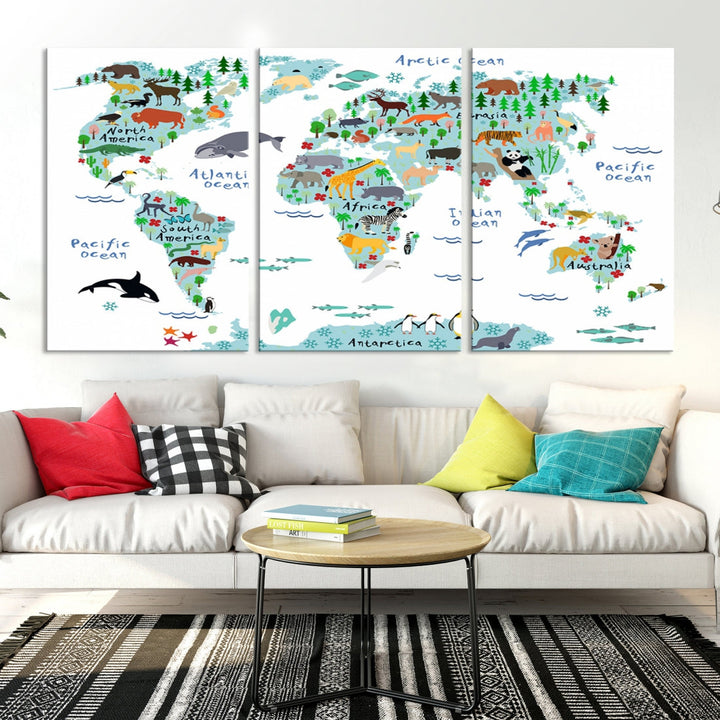 White and Blue Animal World Map For Kids Room Decoration Canvas Wall Art Print