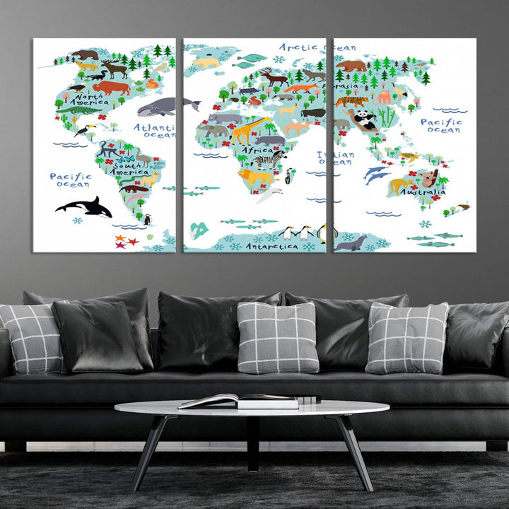 White and Blue Animal World Map For Kids Room Decoration Canvas Wall Art Print