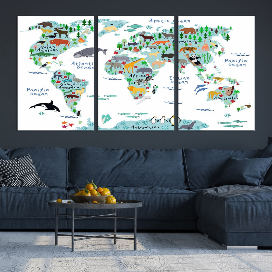 White and Blue Animal World Map For Kids Room Decoration Canvas Wall Art Print