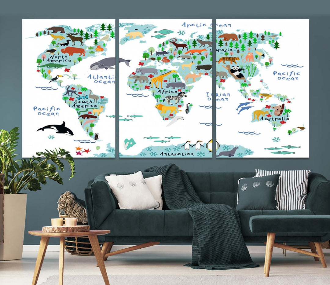 White and Blue Animal World Map For Kids Room Decoration Canvas Wall Art Print