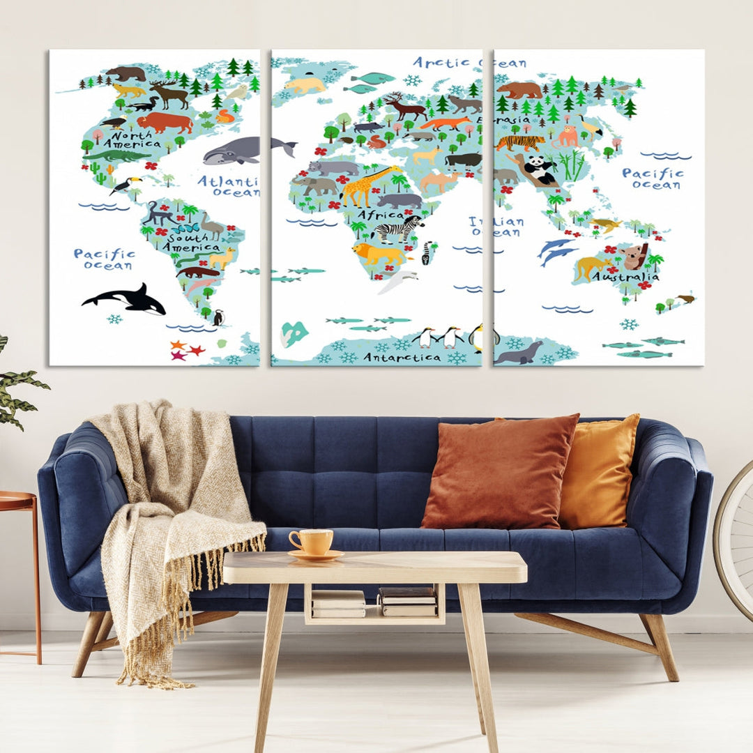 White and Blue Animal World Map For Kids Room Decoration Canvas Wall Art Print