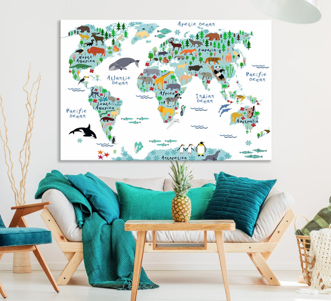 White and Blue Animal World Map For Kids Room Decoration Canvas Wall Art Print