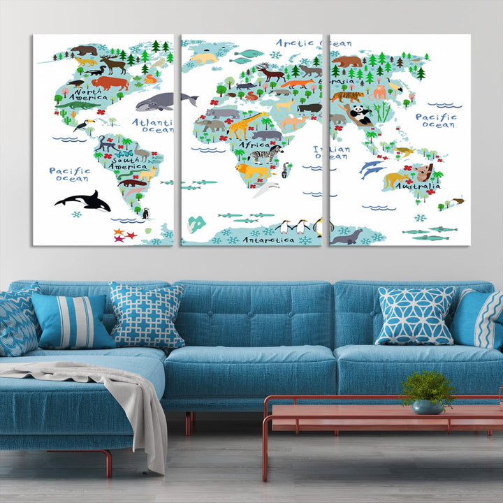 White and Blue Animal World Map For Kids Room Decoration Canvas Wall Art Print