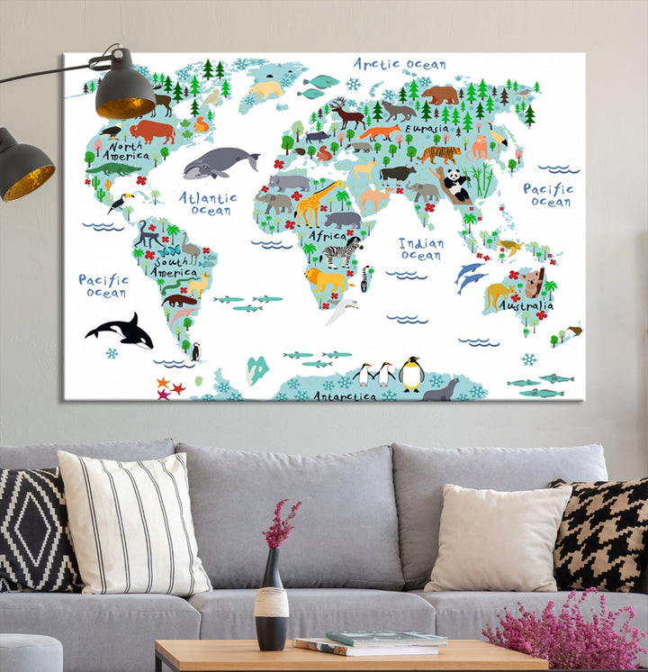 White and Blue Animal World Map For Kids Room Decoration Canvas Wall Art Print