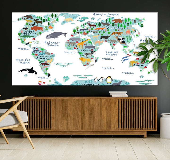 White and Blue Animal World Map For Kids Room Decoration Canvas Wall Art Print