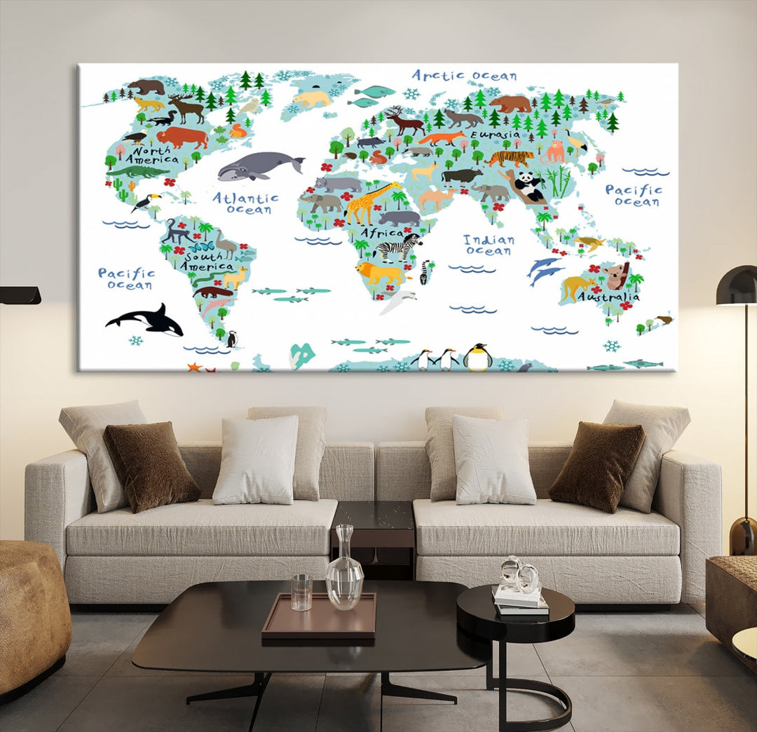 White and Blue Animal World Map For Kids Room Decoration Canvas Wall Art Print