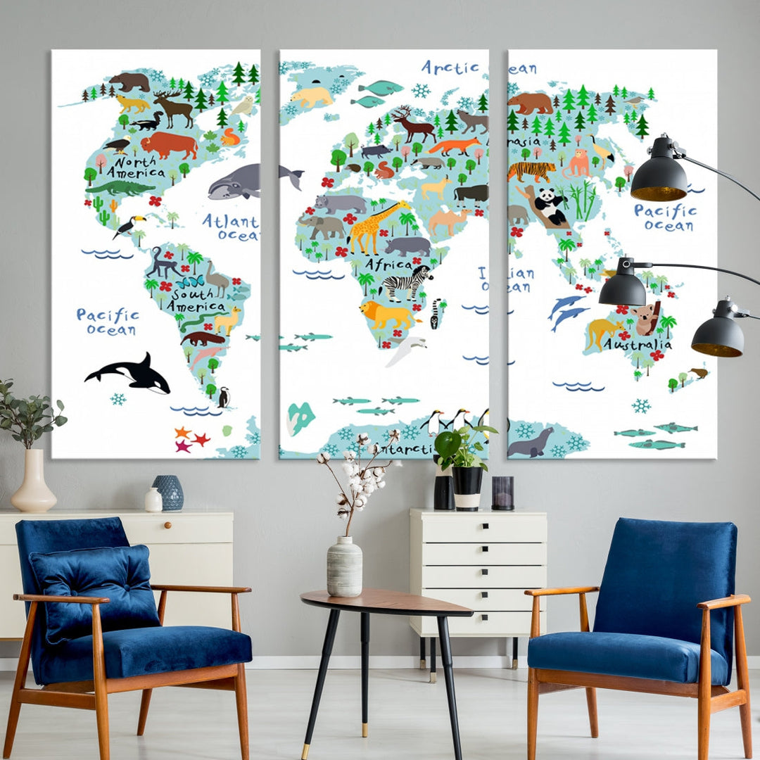 White and Blue Animal World Map For Kids Room Decoration Canvas Wall Art Print