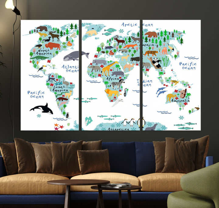 White and Blue Animal World Map For Kids Room Decoration Canvas Wall Art Print