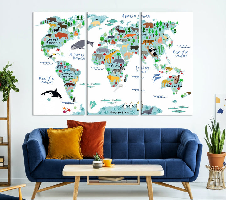 White and Blue Animal World Map For Kids Room Decoration Canvas Wall Art Print