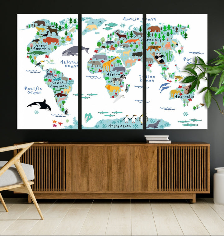 White and Blue Animal World Map For Kids Room Decoration Canvas Wall Art Print