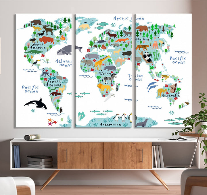 White and Blue Animal World Map For Kids Room Decoration Canvas Wall Art Print