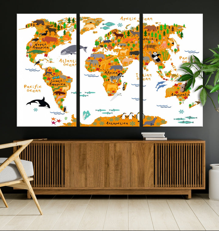 White and Orange Animal World Map Educational Art for Kids Room Nursery Decoration Canvas Print