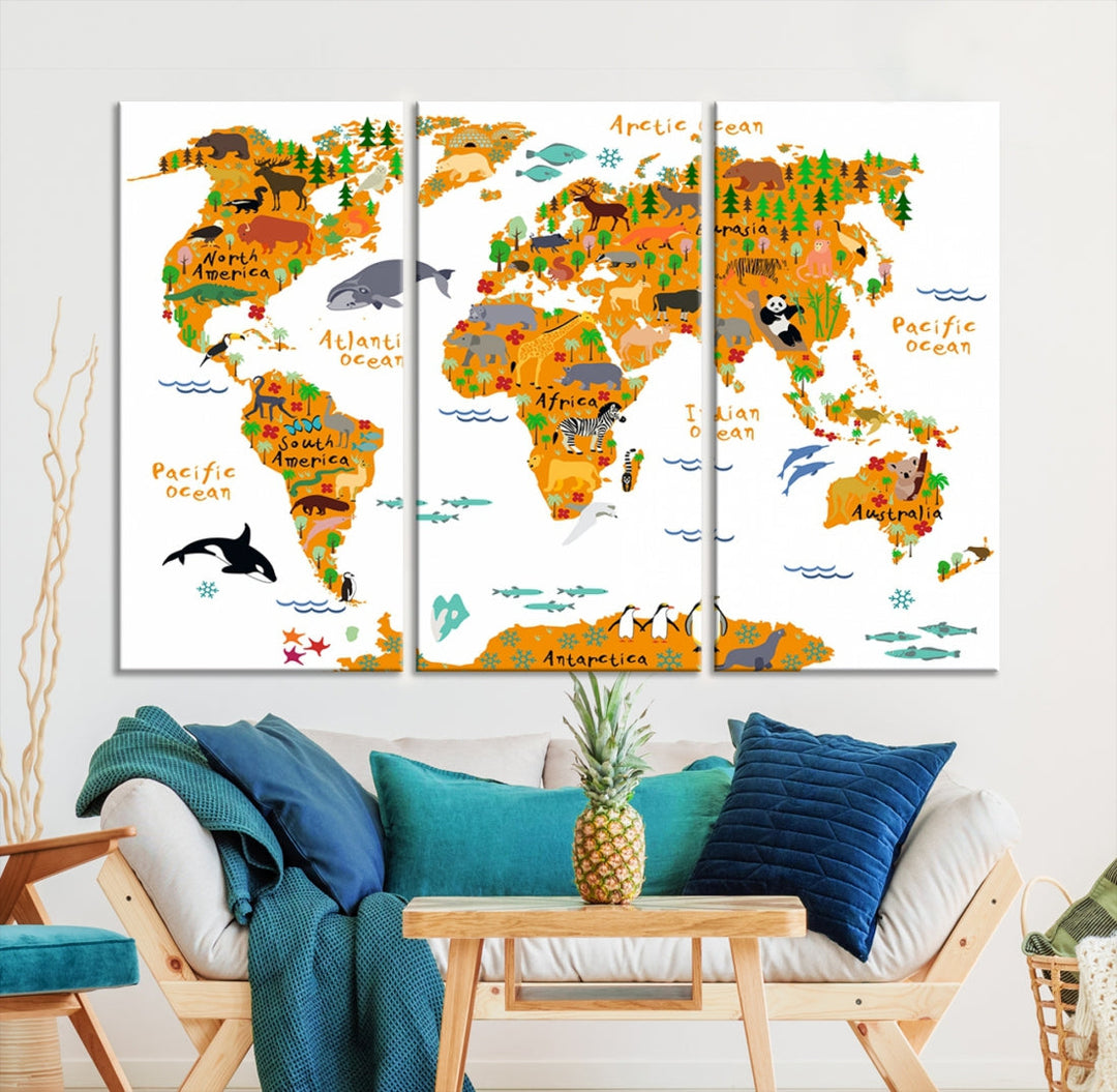 White and Orange Animal World Map Educational Art for Kids Room Nursery Decoration Canvas Print