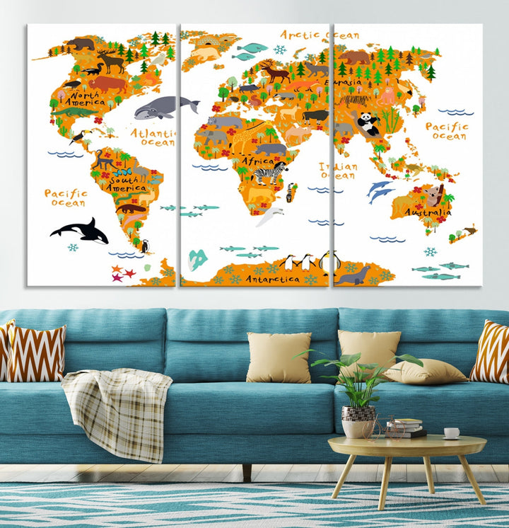 White and Orange Animal World Map Educational Art for Kids Room Nursery Decoration Canvas Print