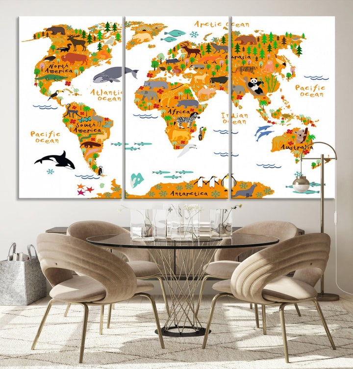 White and Orange Animal World Map Educational Art for Kids Room Nursery Decoration Canvas Print