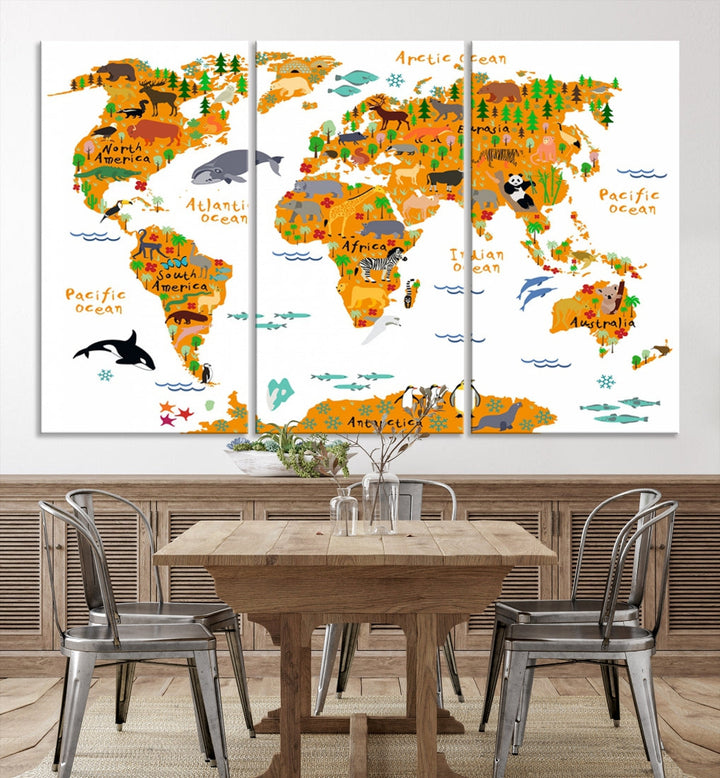 White and Orange Animal World Map Educational Art for Kids Room Nursery Decoration Canvas Print