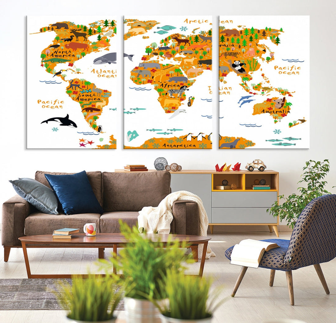 White and Orange Animal World Map Educational Art for Kids Room Nursery Decoration Canvas Print