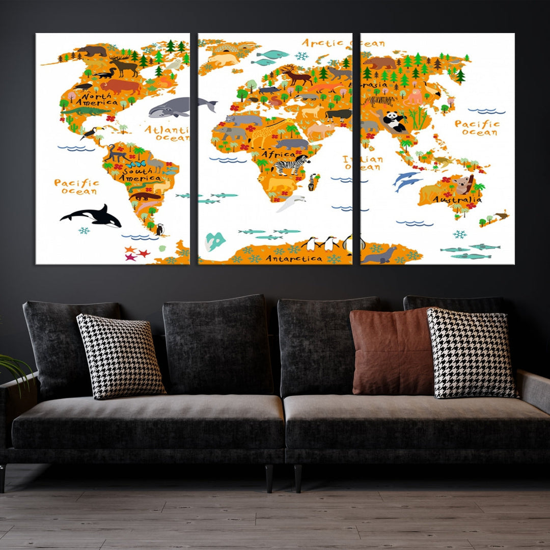 White and Orange Animal World Map Educational Art for Kids Room Nursery Decoration Canvas Print