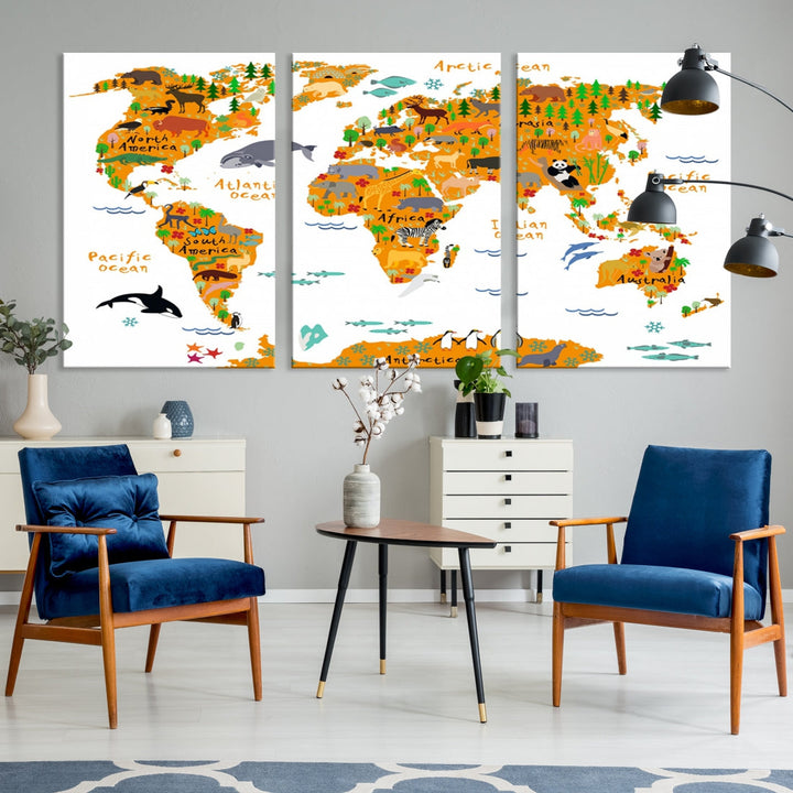 White and Orange Animal World Map Educational Art for Kids Room Nursery Decoration Canvas Print