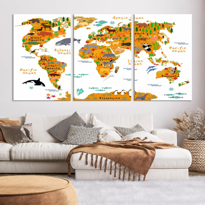 White and Orange Animal World Map Educational Art for Kids Room Nursery Decoration Canvas Print