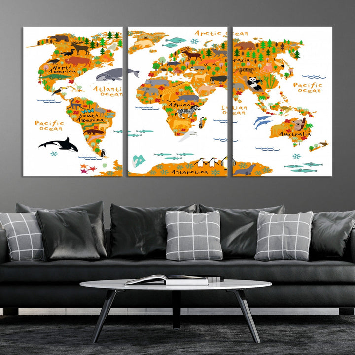 White and Orange Animal World Map Educational Art for Kids Room Nursery Decoration Canvas Print