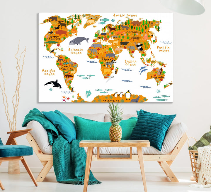 White and Orange Animal World Map Educational Art for Kids Room Nursery Decoration Canvas Print