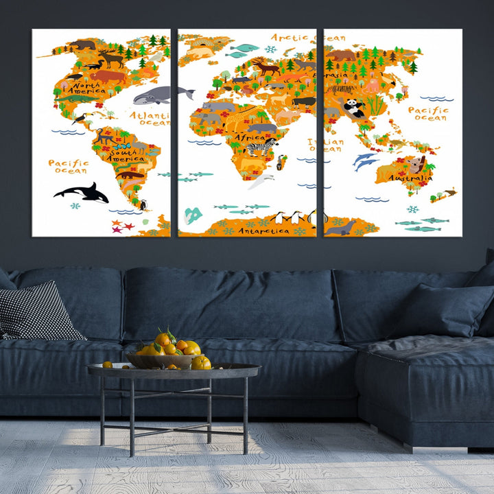 White and Orange Animal World Map Educational Art for Kids Room Nursery Decoration Canvas Print