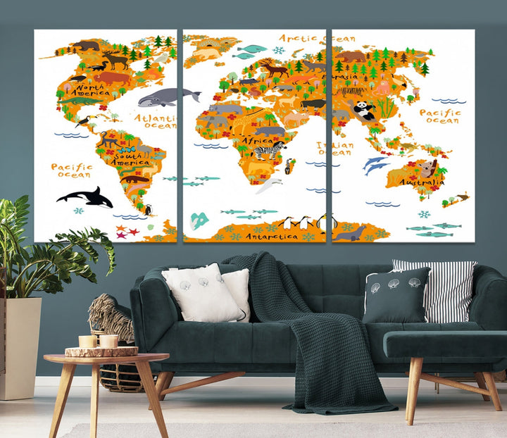 White and Orange Animal World Map Educational Art for Kids Room Nursery Decoration Canvas Print