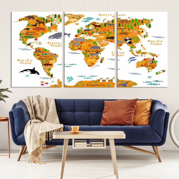 White and Orange Animal World Map Educational Art for Kids Room Nursery Decoration Canvas Print