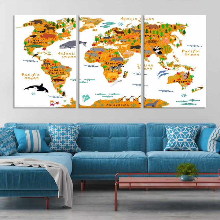 White and Orange Animal World Map Educational Art for Kids Room Nursery Decoration Canvas Print