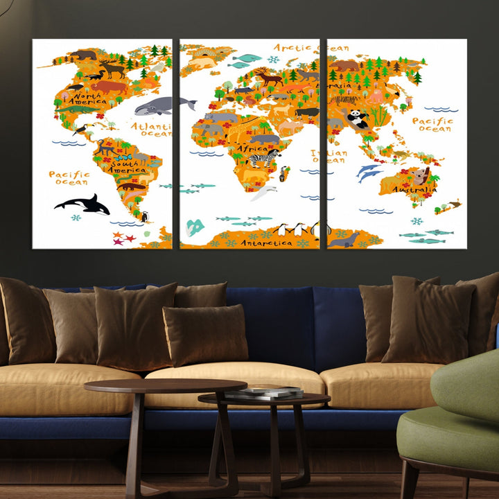 White and Orange Animal World Map Educational Art for Kids Room Nursery Decoration Canvas Print