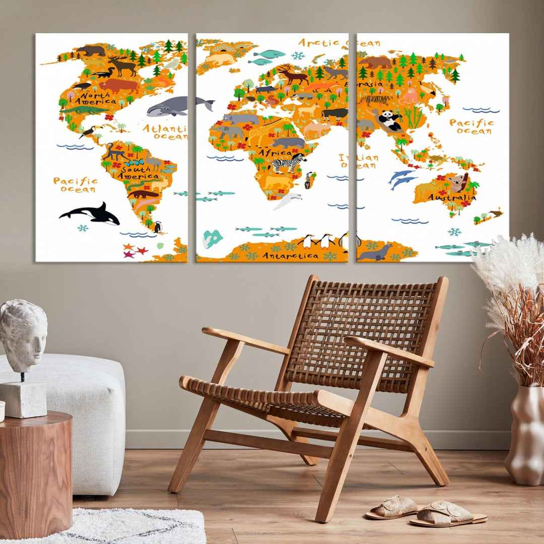 White and Orange Animal World Map Educational Art for Kids Room Nursery Decoration Canvas Print