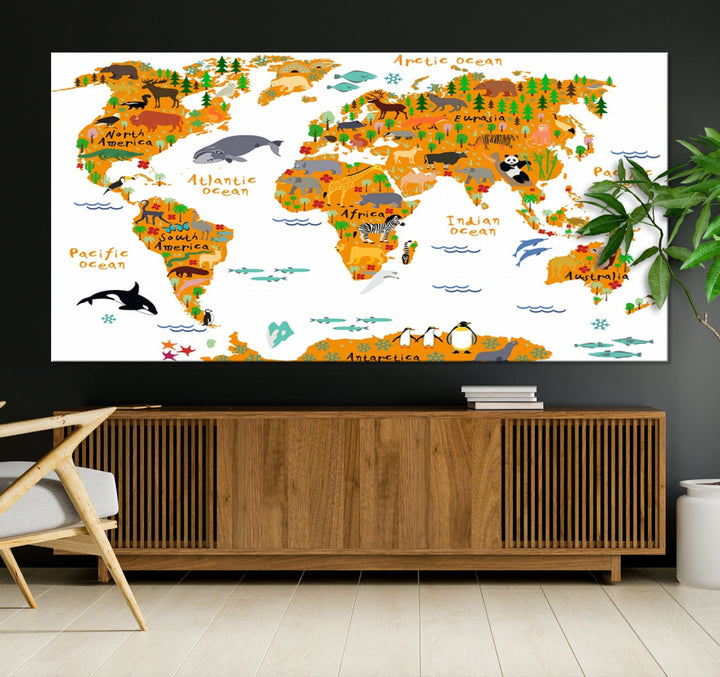 White and Orange Animal World Map Educational Art for Kids Room Nursery Decoration Canvas Print