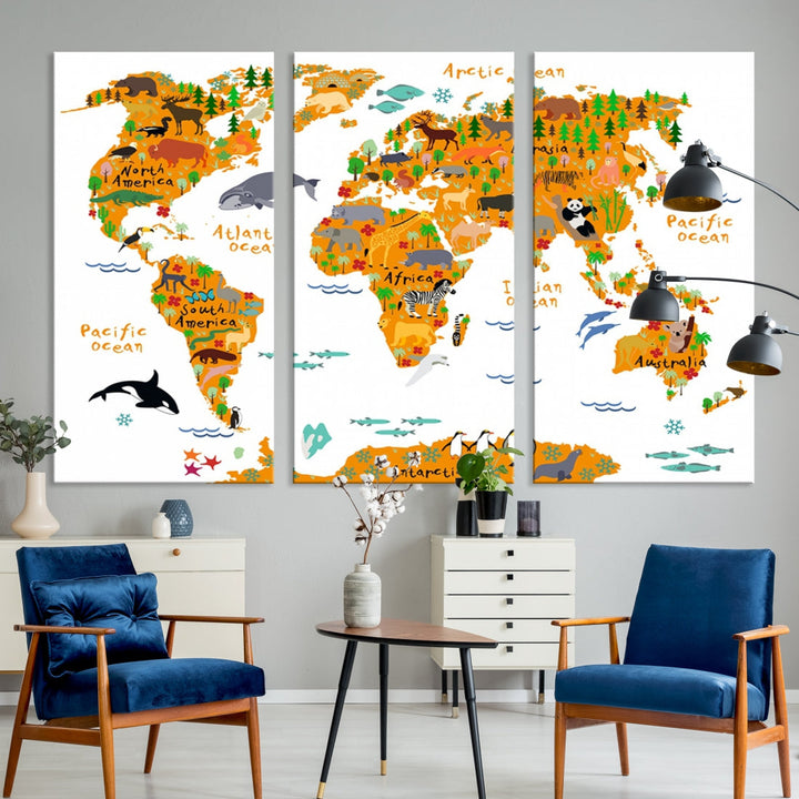 White and Orange Animal World Map Educational Art for Kids Room Nursery Decoration Canvas Print