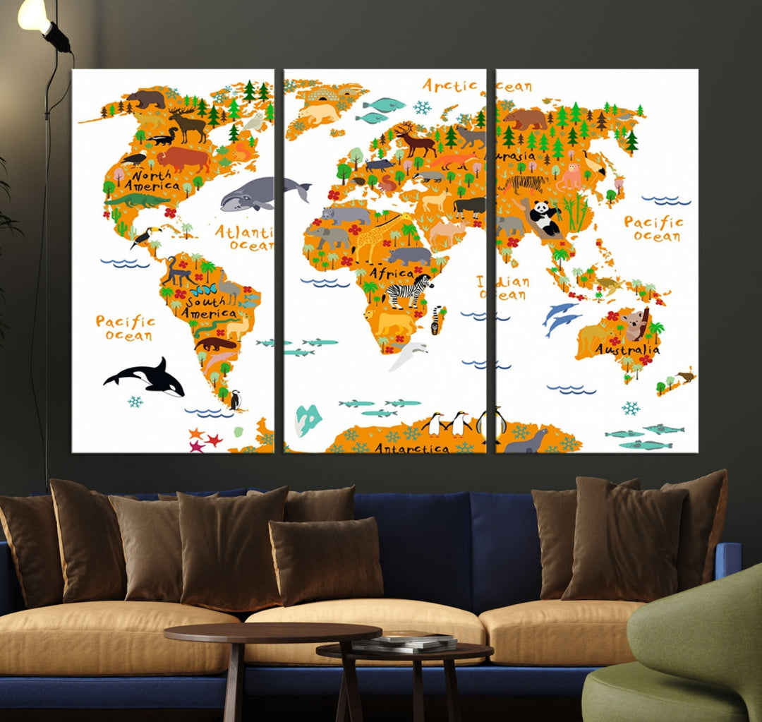 White and Orange Animal World Map Educational Art for Kids Room Nursery Decoration Canvas Print