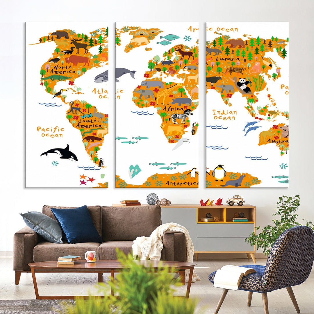 White and Orange Animal World Map Educational Art for Kids Room Nursery Decoration Canvas Print