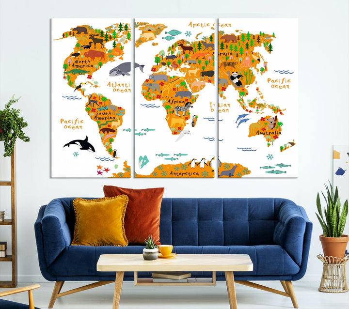 White and Orange Animal World Map Educational Art for Kids Room Nursery Decoration Canvas Print