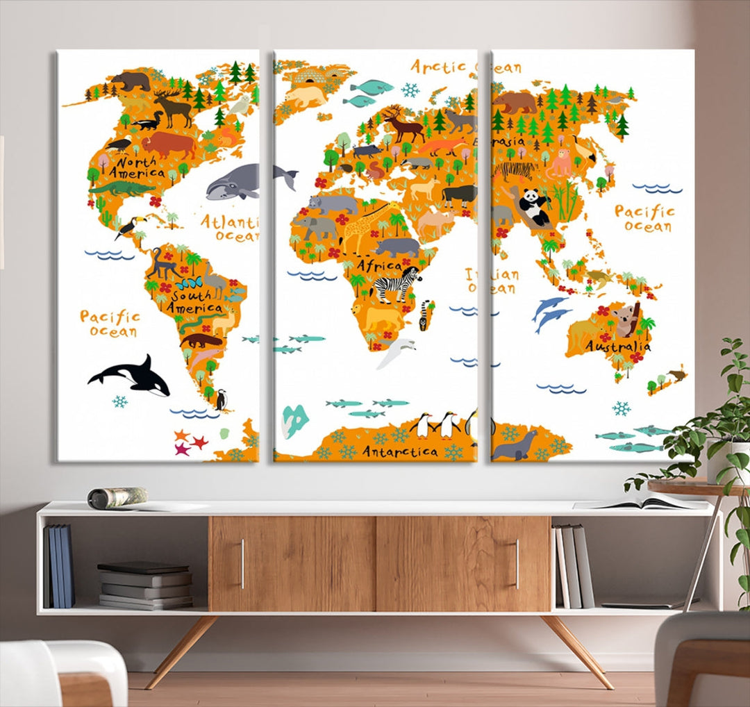 White and Orange Animal World Map Educational Art for Kids Room Nursery Decoration Canvas Print