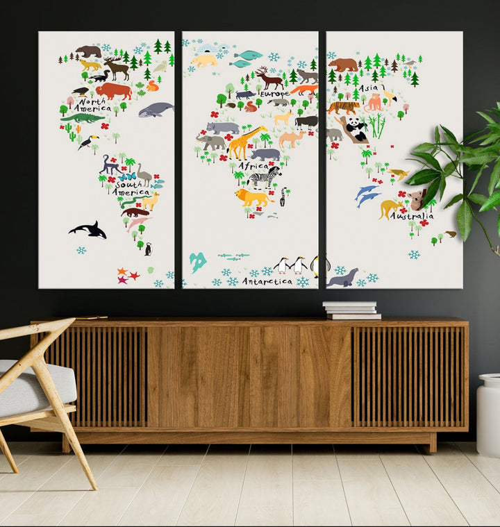 White Animal World Map Canvas Print Educational Wall Art for Kids Room Decor Easy to Hang